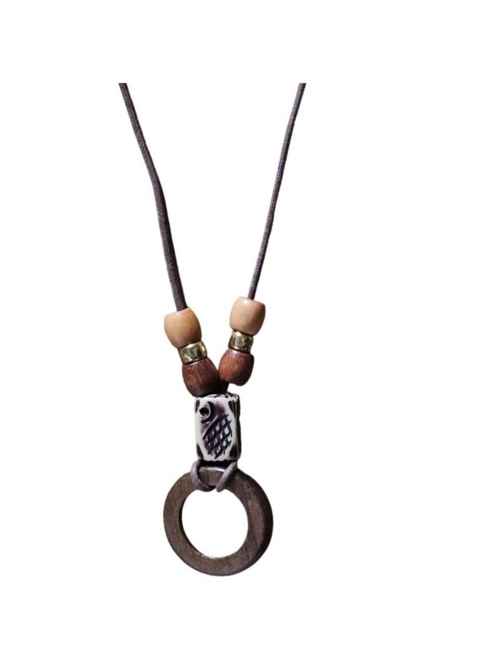 Handmade Tribal Ceramic Pendant Necklace Wooden Beads Earthy Fashion Jewelry